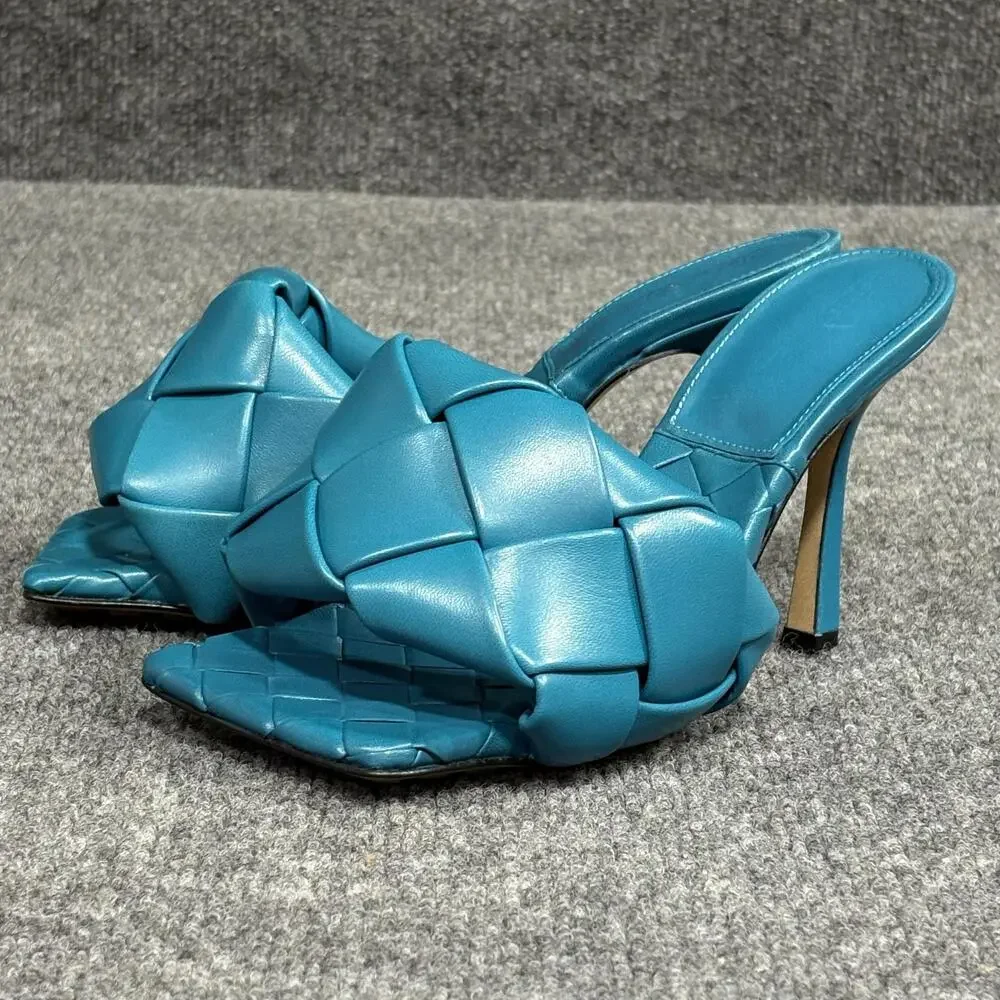 Bottega Veneta Sandals Womens 35 Blue Lido Intrecciato Leather Mules Slide Heels